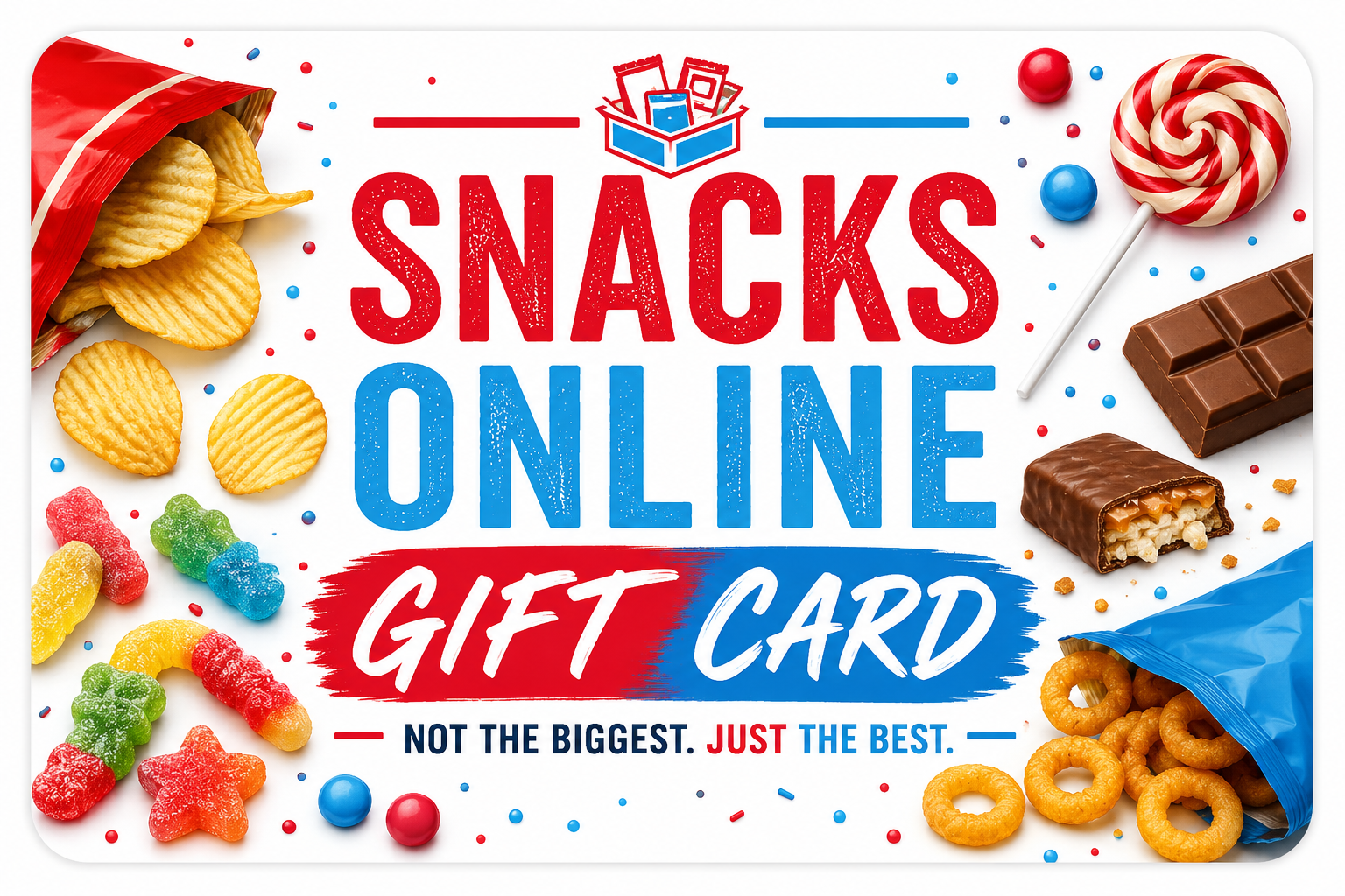 Snacks Online Digital Gift Card featuring crisps, sweets and chocolate on a white background. The perfect gift for snack lovers.