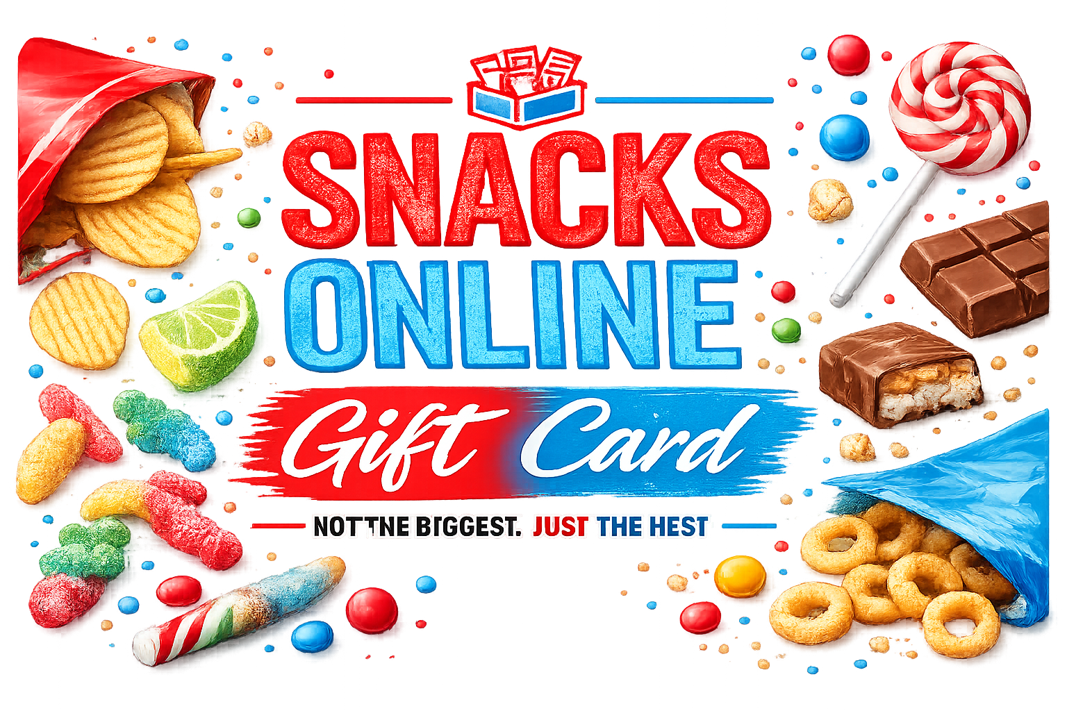 Snacks Online Digital Gift Card featuring crisps, sweets and chocolate on a white background. The perfect gift for snack lovers.