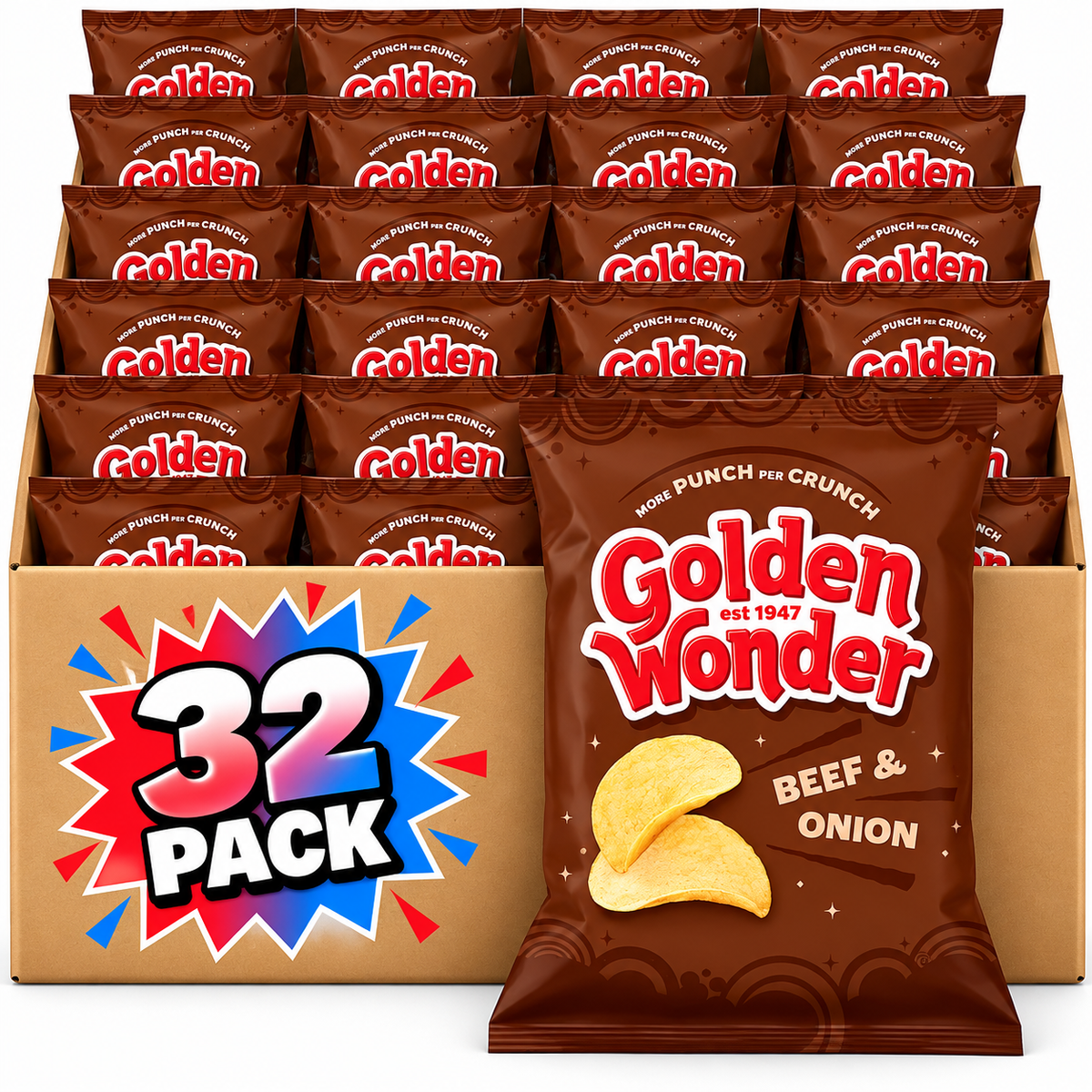 Golden Wonder Fully Flavoured Beef & Onion Crisps – 32.5g 32 Pack