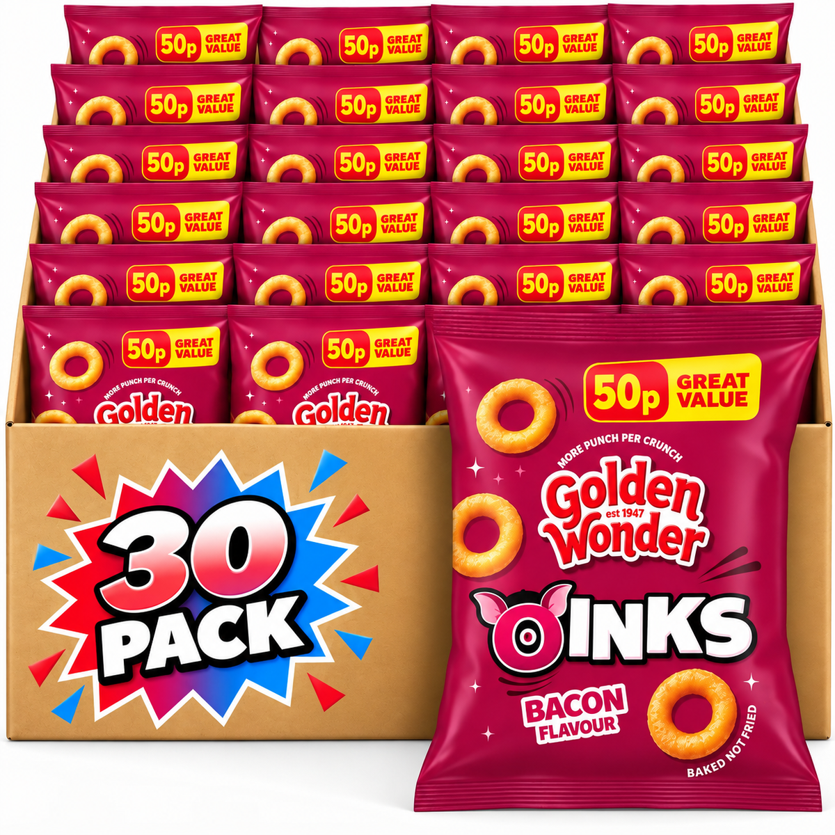 Golden Wonder Awesome Oinks Bacon Flavour Corn Snacks 27g 30 Pack