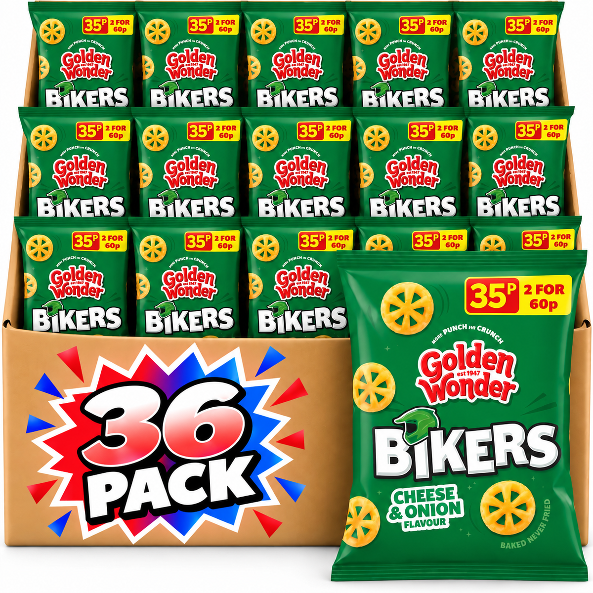 Golden Wonder Cheese & Onion Flavour Bikers Maize Snacks 22g 36 Pack