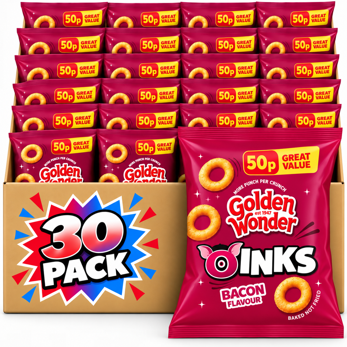 Golden Wonder Awesome Oinks Bacon Flavour Corn Snacks 27g 30 Pack