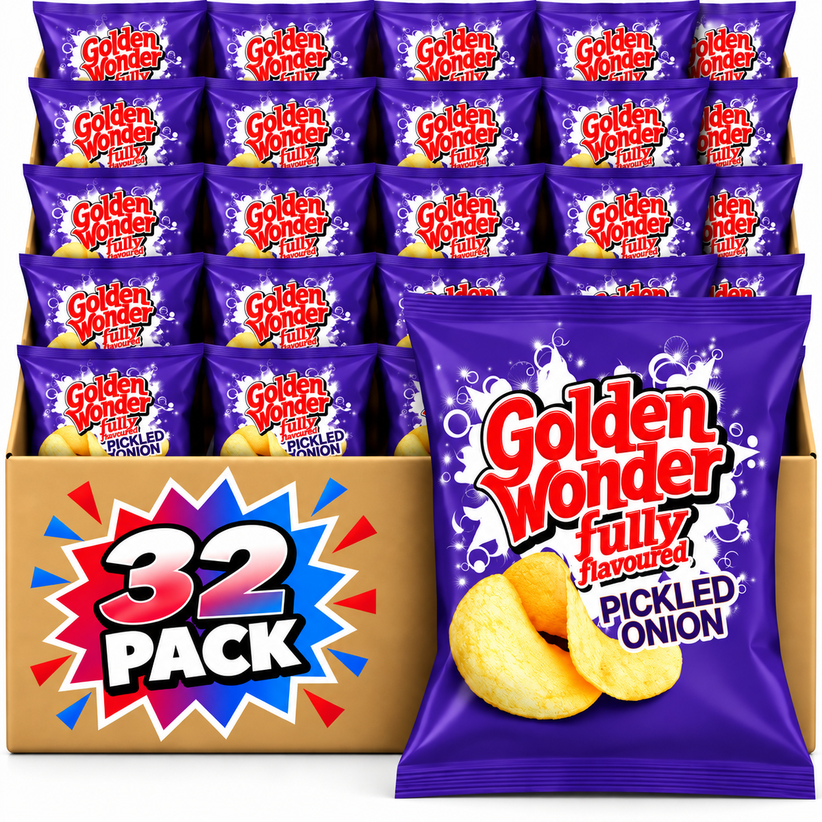 Golden Wonder Fully Flavoured Pickled Onion Crisps 32.5g 32 Pack