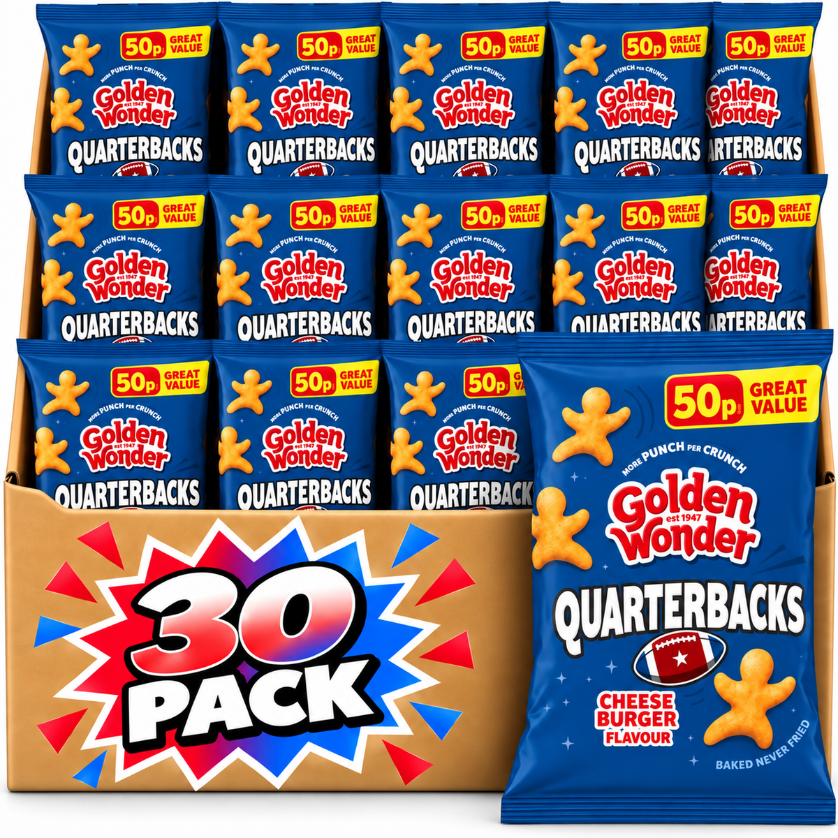 Golden Wonder Quarterbacks Cheeseburger Flavour 27g 30 Pack