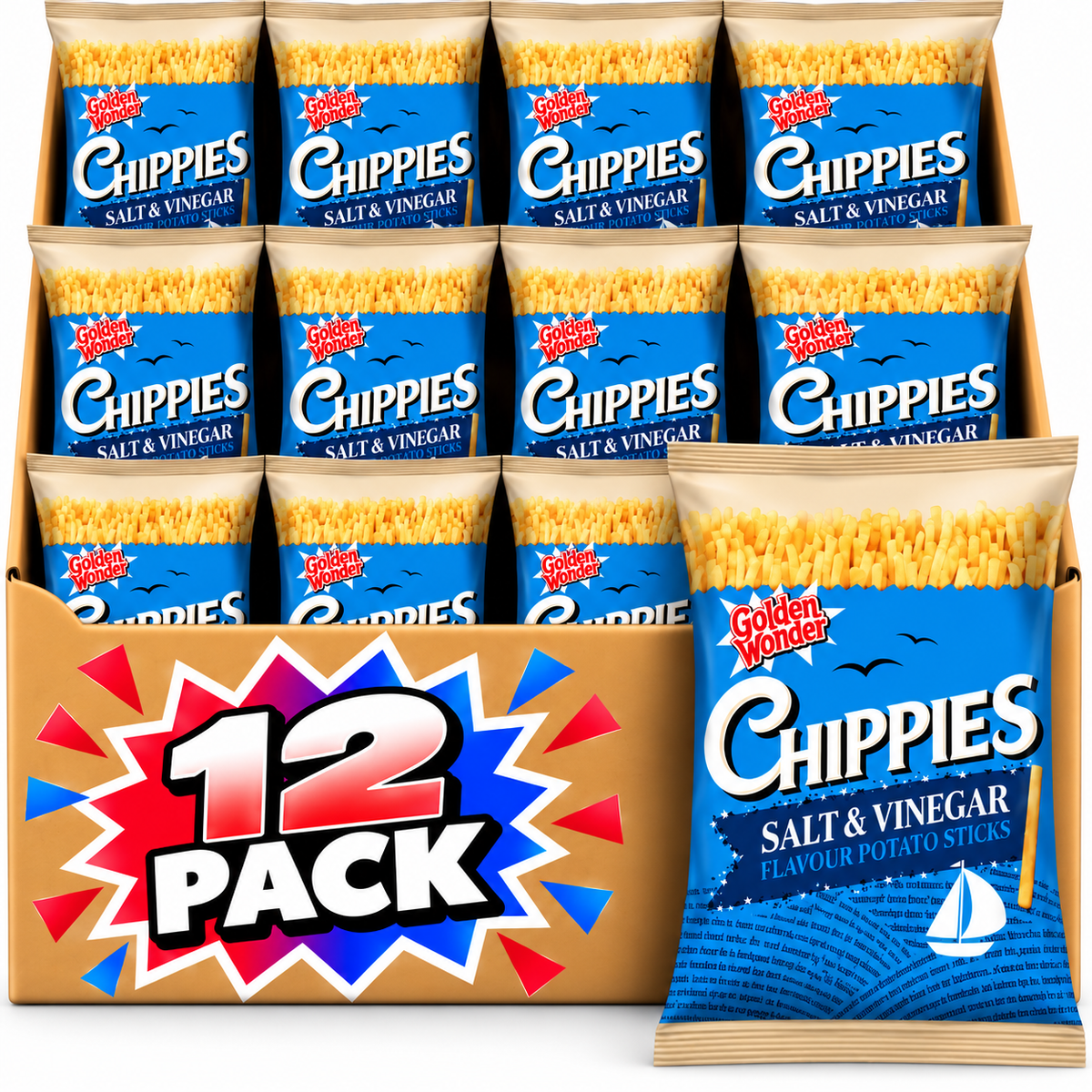 Golden Wonder Chippies Salt & Vinegar Crisps 100g 12 Pack