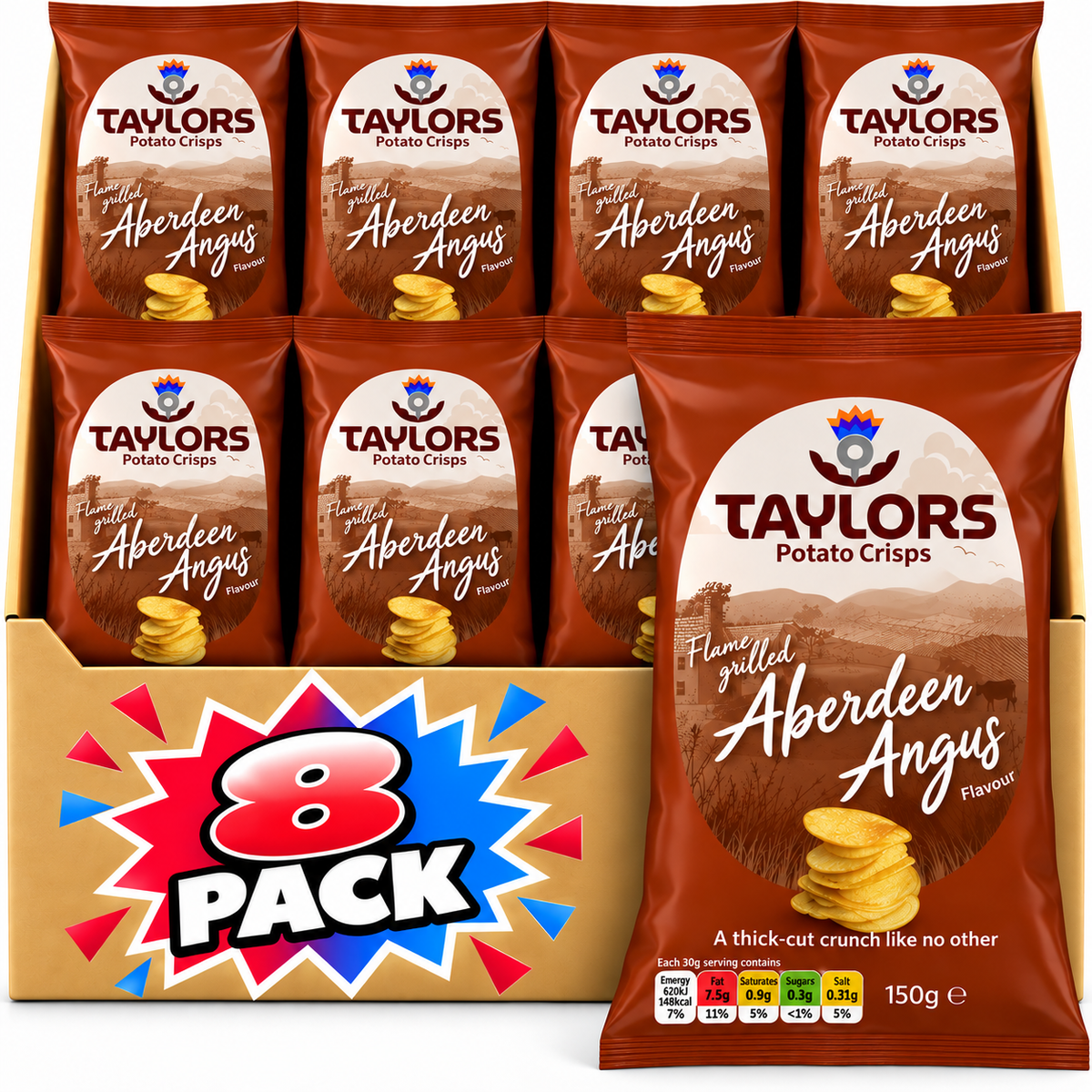 Taylors Flame Grilled Aberdeen Angus Straight Cut Crisps 150g – 8 Pack