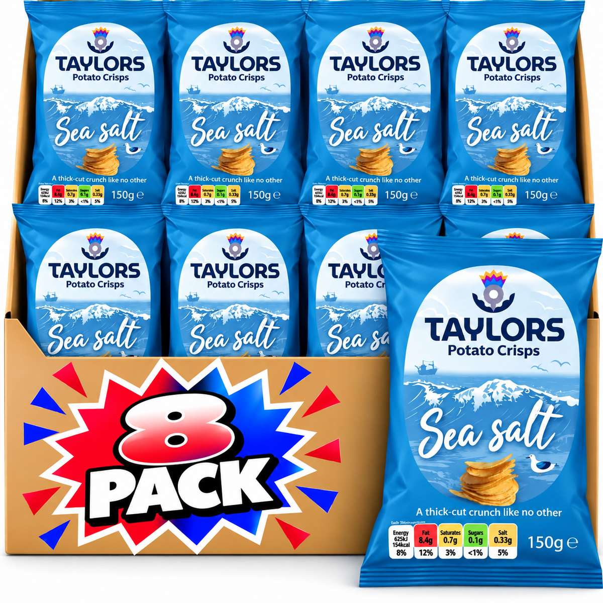 Taylors Sea Salted Straight Cut Potato Crisps 150g – 8 Pack