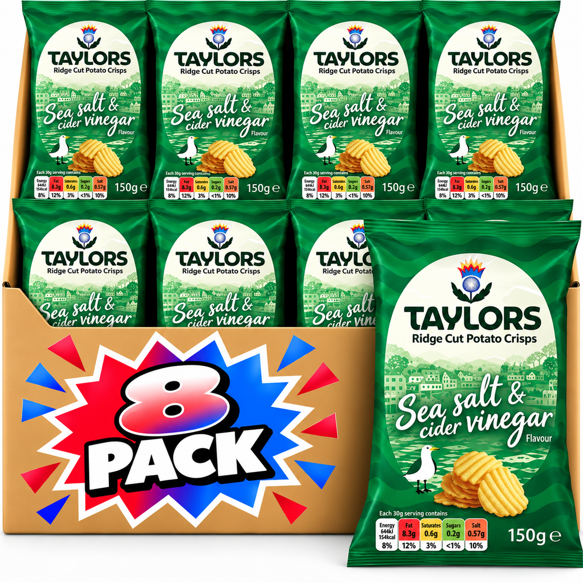 Taylors Sea Salt & Cider Vinegar Ridge Cut Potato Crisps 150g – 8 Pack