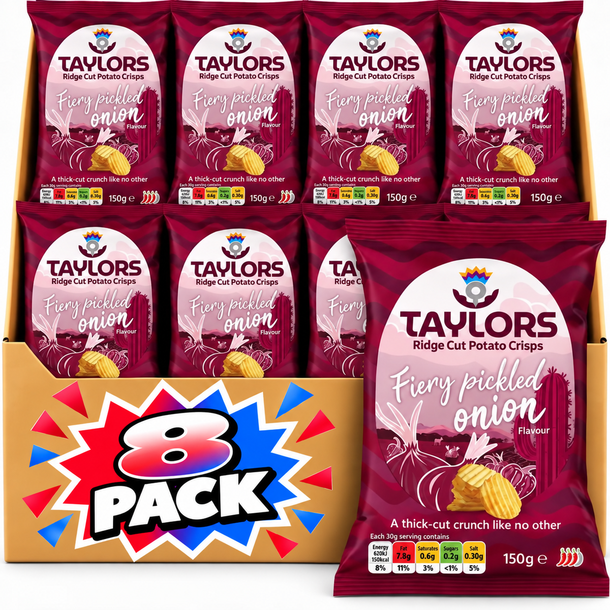 Taylors Fiery Pickled Onion Ridge Cut Potato Crisps 150g – 8 Pack