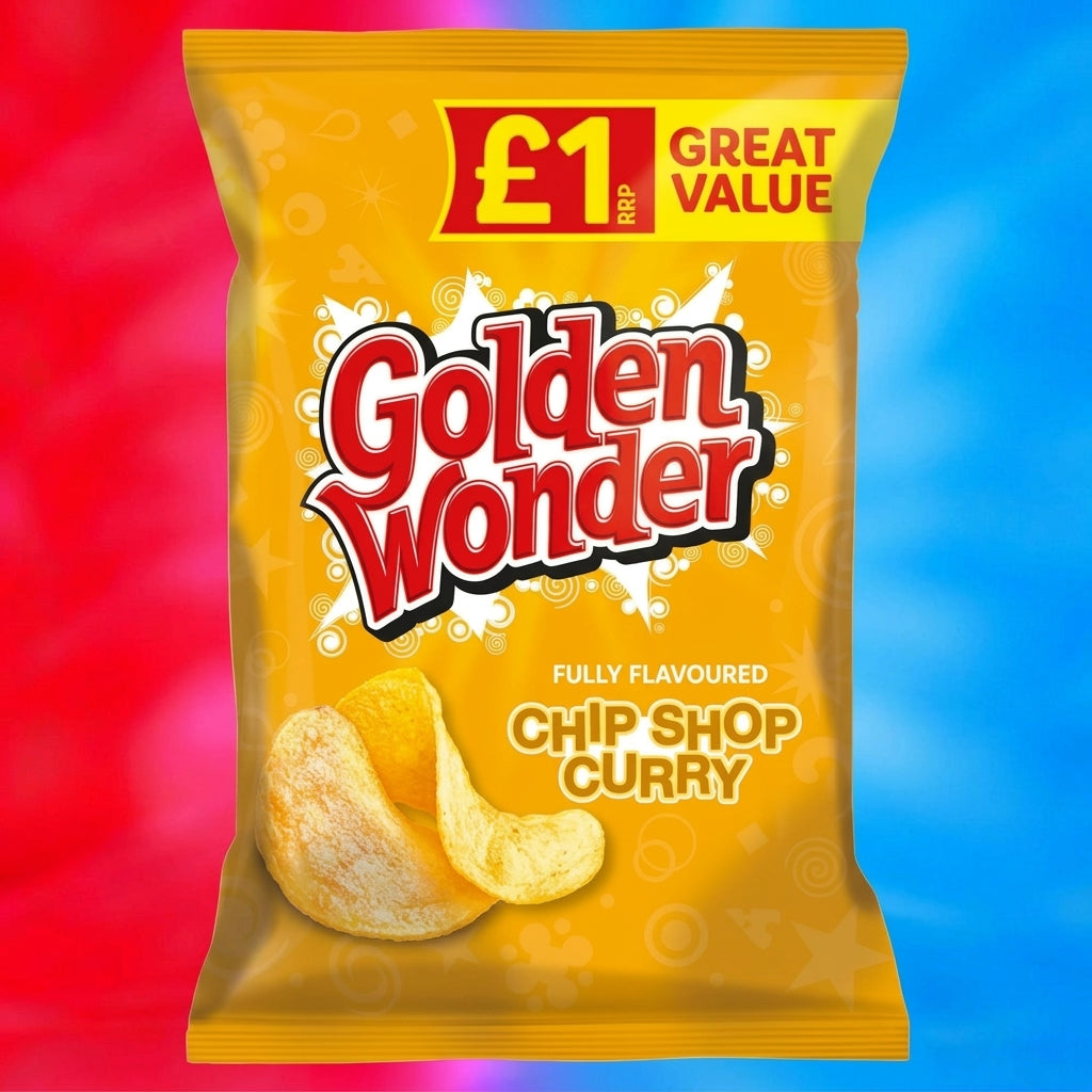 A bag of Golden Wonder Fully Flavoured Chip Shop Curry potato chips, featuring a bright yellow-orange packaging design with red and white branding, set against a split red and blue background.