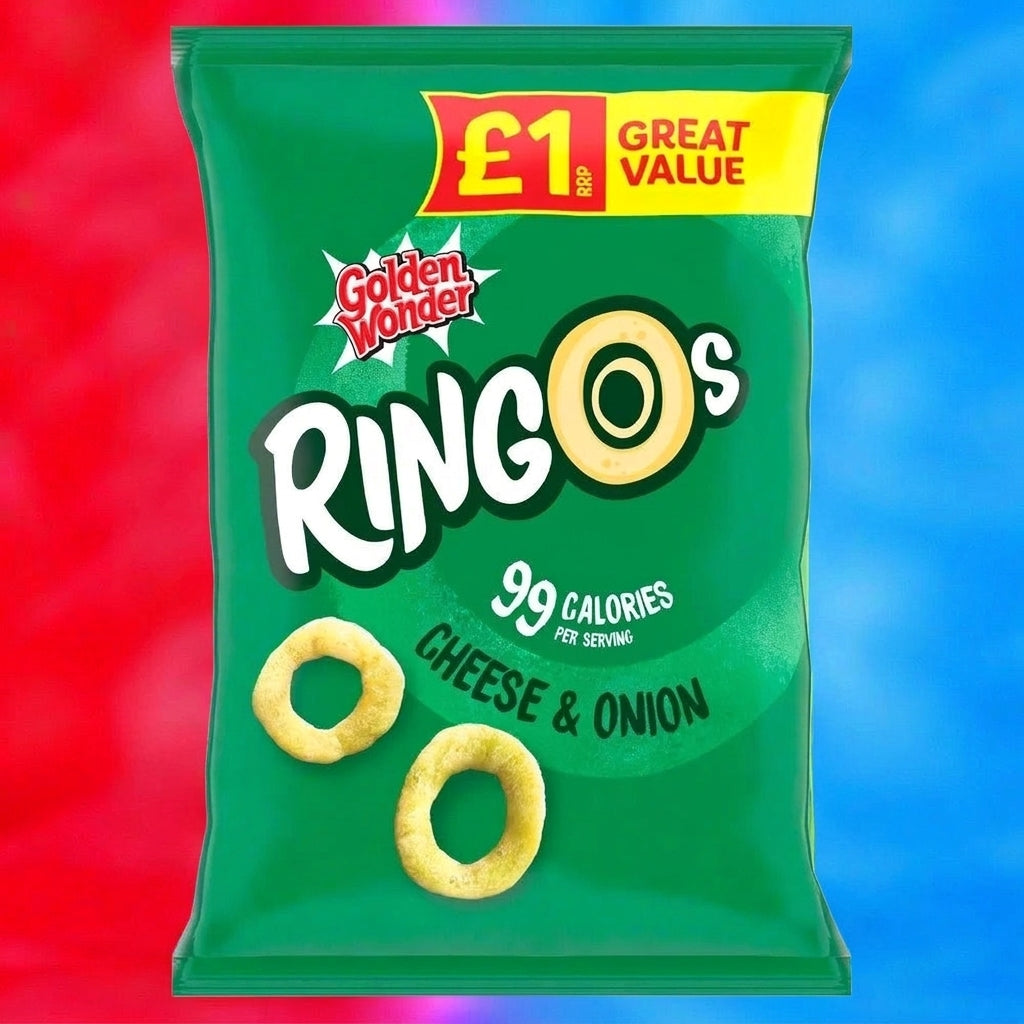 A bag of Golden Wonder Ringo's Cheese & Onion crisps on a vibrant red and blue gradient background. The green bag features the classic yellow and white branding, with illustrations of the ring-shaped crisps.