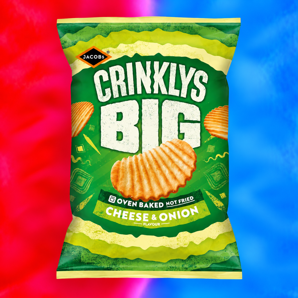 A bag of Jacobs Crinklys Big Cheese & Onion potato chips, featuring a green and yellow-green design with a large illustration of a ridged chip, set against a vibrant red-to-blue gradient background.