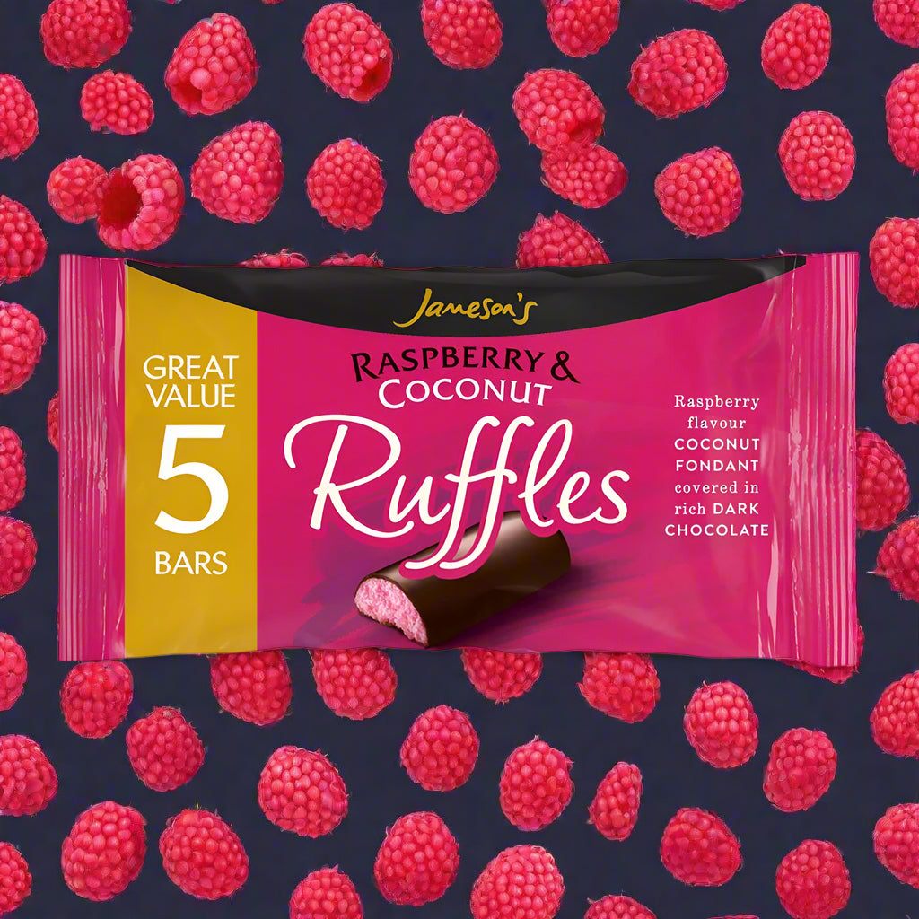 Ruffles Raspberry Coconut Buy Jameson's Raspberry & Coconut Ruffles 5 Pack at SnacksOnline.co.uk