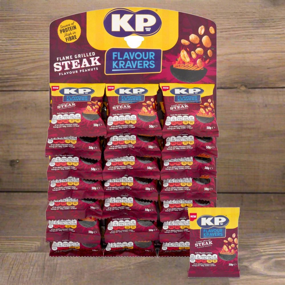 KP Flavour Kravers Flame Grilled Steak Peanuts 40g 21 Pack on pub card 
