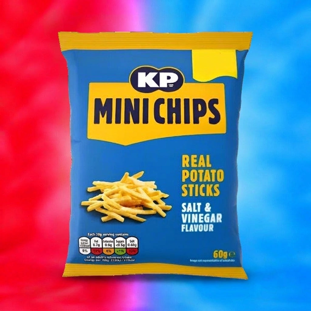 A bag of KP Mini Chips Salt & Vinegar flavour potato sticks, shown against a vibrant red and blue gradient background.