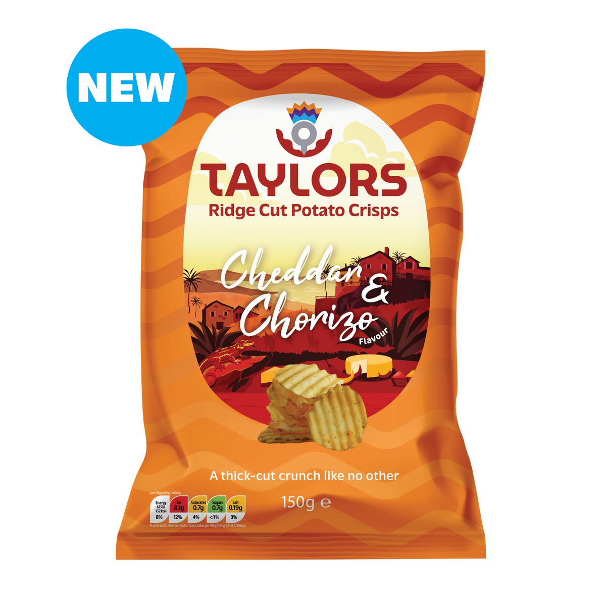 Taylors Cheddar & Chorizo Flavour Ridge Cut Potato Crisps 150g Share Pack