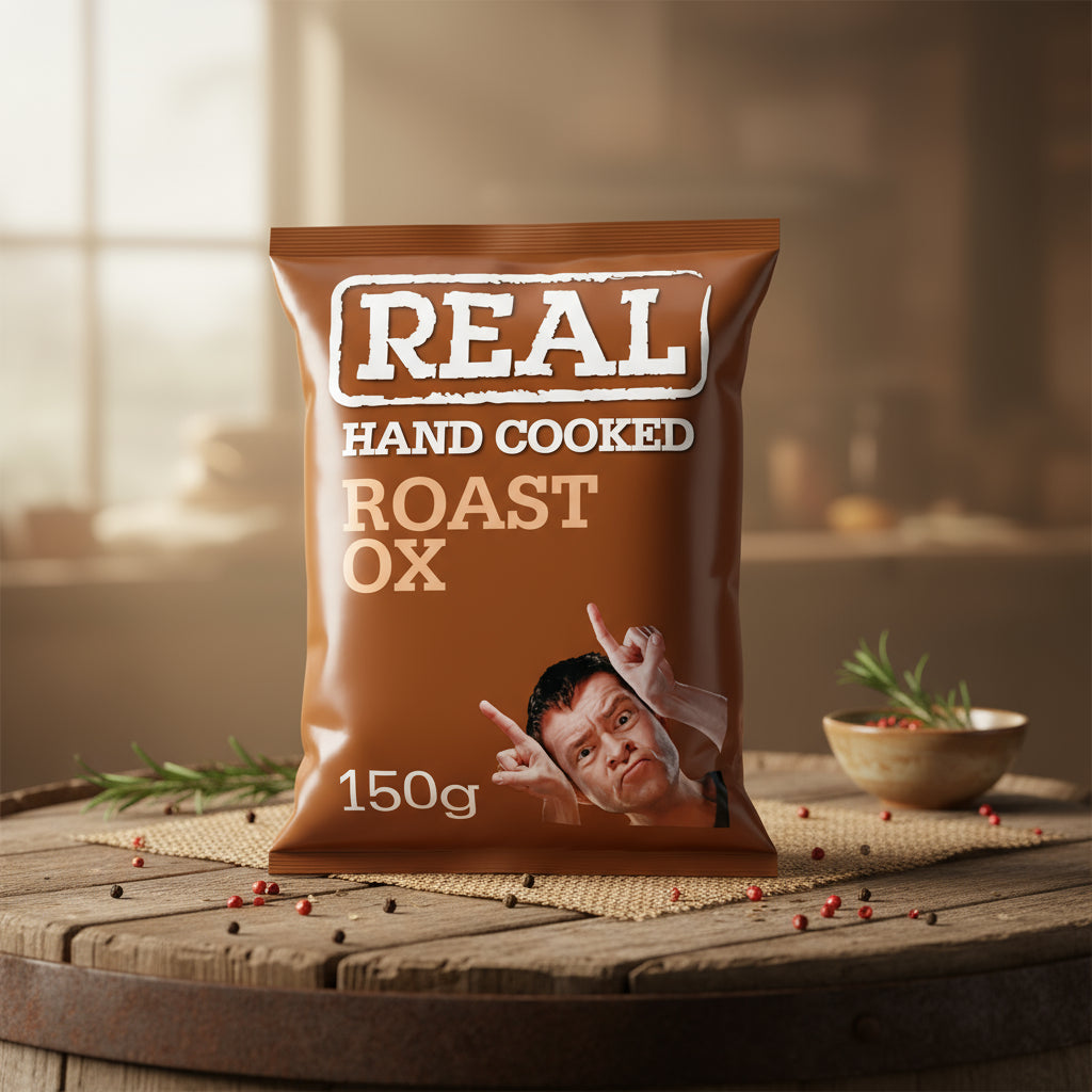 Real Hand Cooked Roast Ox Crisps 150g sharing bag – bold, beefy flavour hand-cooked in the UK.