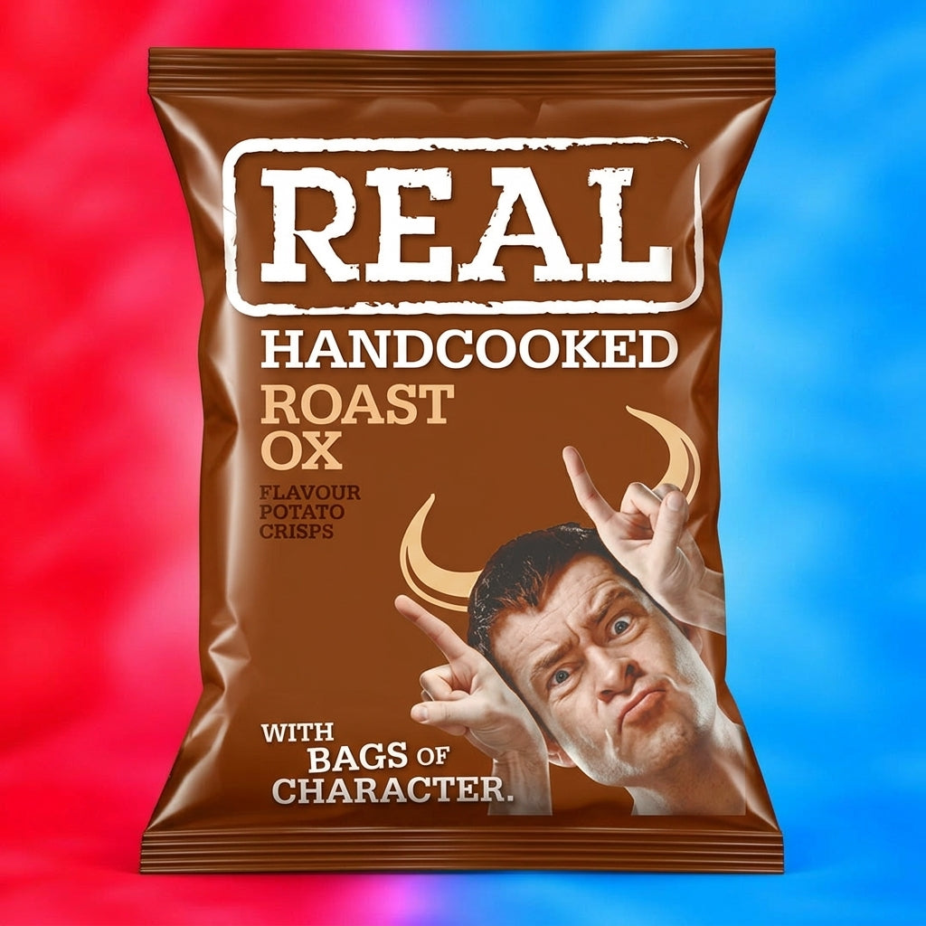 A bag of REAL Handcooked Roast Ox Flavour Potato Crisps stands centered against a split red and blue background. The packaging is dark brown with white and gold text, featuring a humorous graphic of a man making the horns gesture.