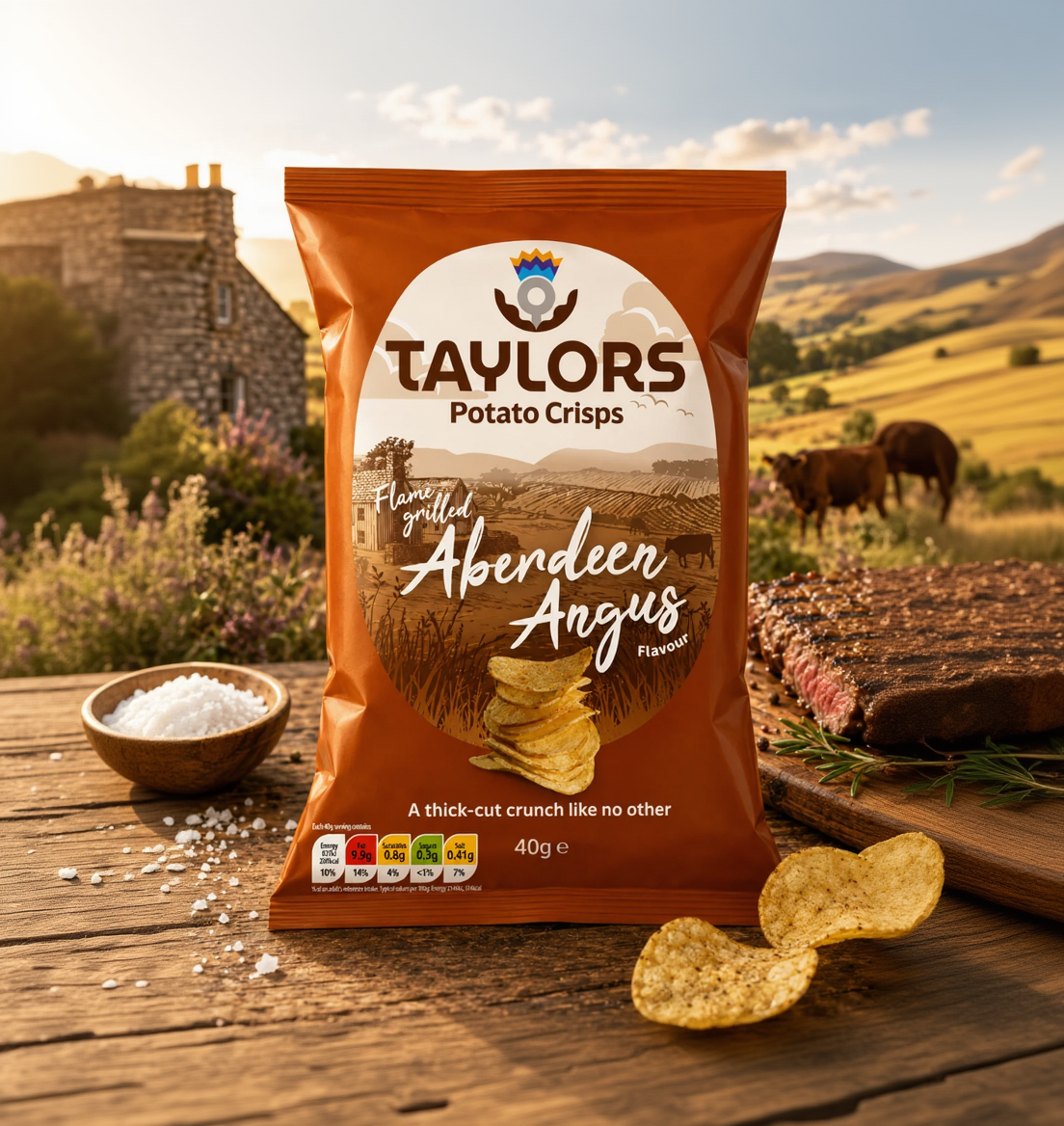 A bag of Taylors Flame Grilled Aberdeen Angus Potato Crisps stands on a rustic wooden surface with food props and an outdoor landscape in the background. The packaging is predominantly orange-brown with a large oval label showing a farm scene and the product name in white script.