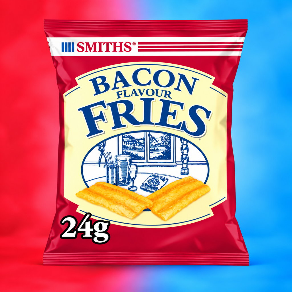 A 24g bag of Smith's Bacon Flavour Fries, featuring a red and cream packaging design with blue text and illustrations of bacon strips, set against a split red and blue background.