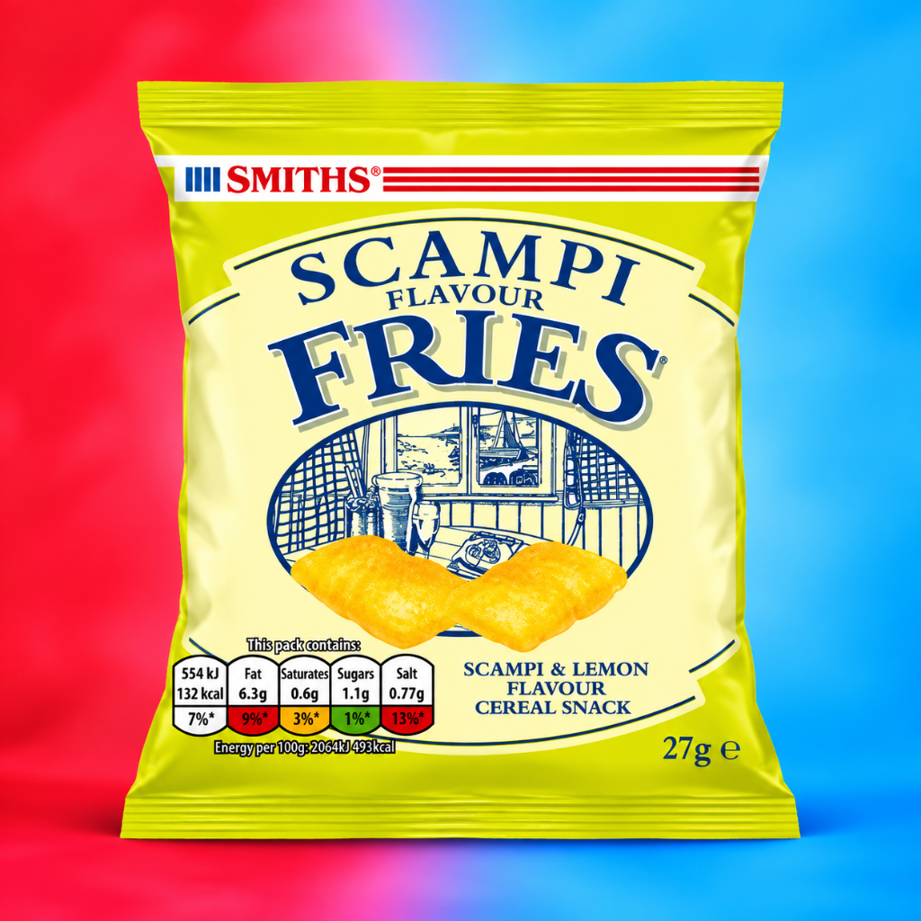 A bag of Smiths Scampi Flavour Fries cereal snack, featuring a pale yellow bag with blue text and illustrations, set against a split red and blue background.