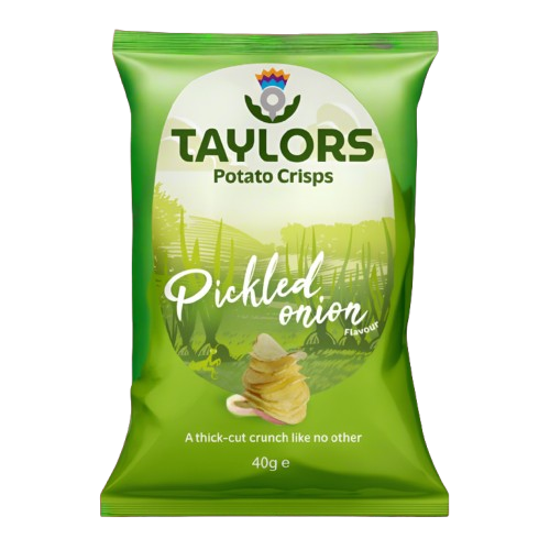 A 40g bag of Taylors Pickled Onion Potato Crisps in a bright green packaging with a white oval logo area showing a potato chip illustration.