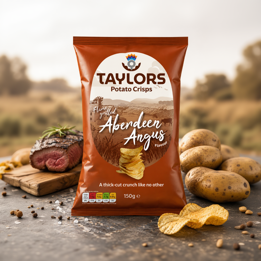 A bag of Taylors Potato Crisps in the Aberdeen Angus flavour, presented in a warm brown packaging design with a graphic of flame-grilled crisps. The bag is set against a rustic background with potatoes, a steak, and loose crisps.
