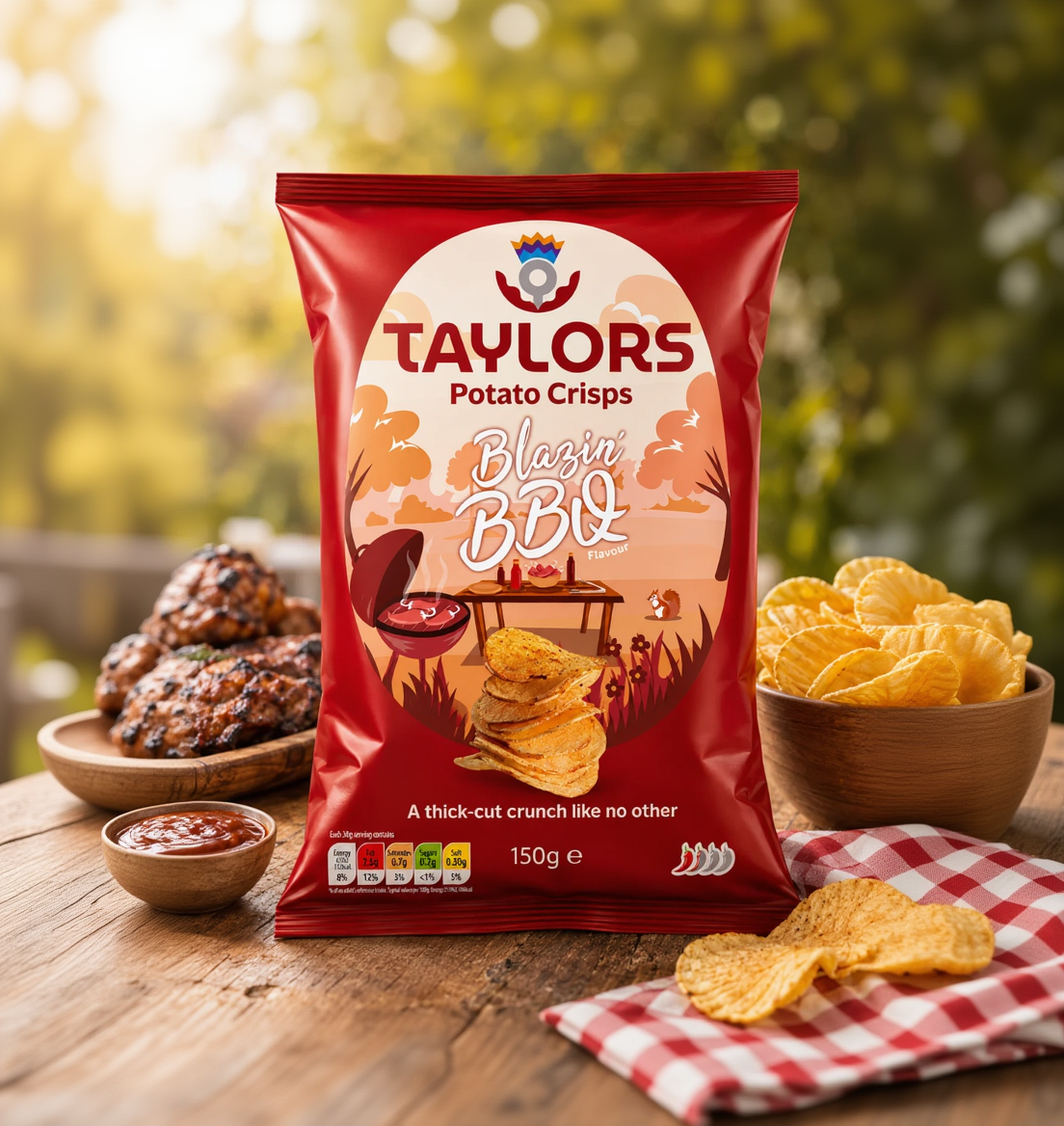 A 150g bag of Taylors Potato Crisps in the 'Blazin' BBQ' flavor, shown in a red packaging design with illustrations of a barbecue grill, chips, and a picnic scene. The bag is set on a rustic wooden table surrounded by food props like grilled meat, a bowl of dipping sauce, and additional chips.