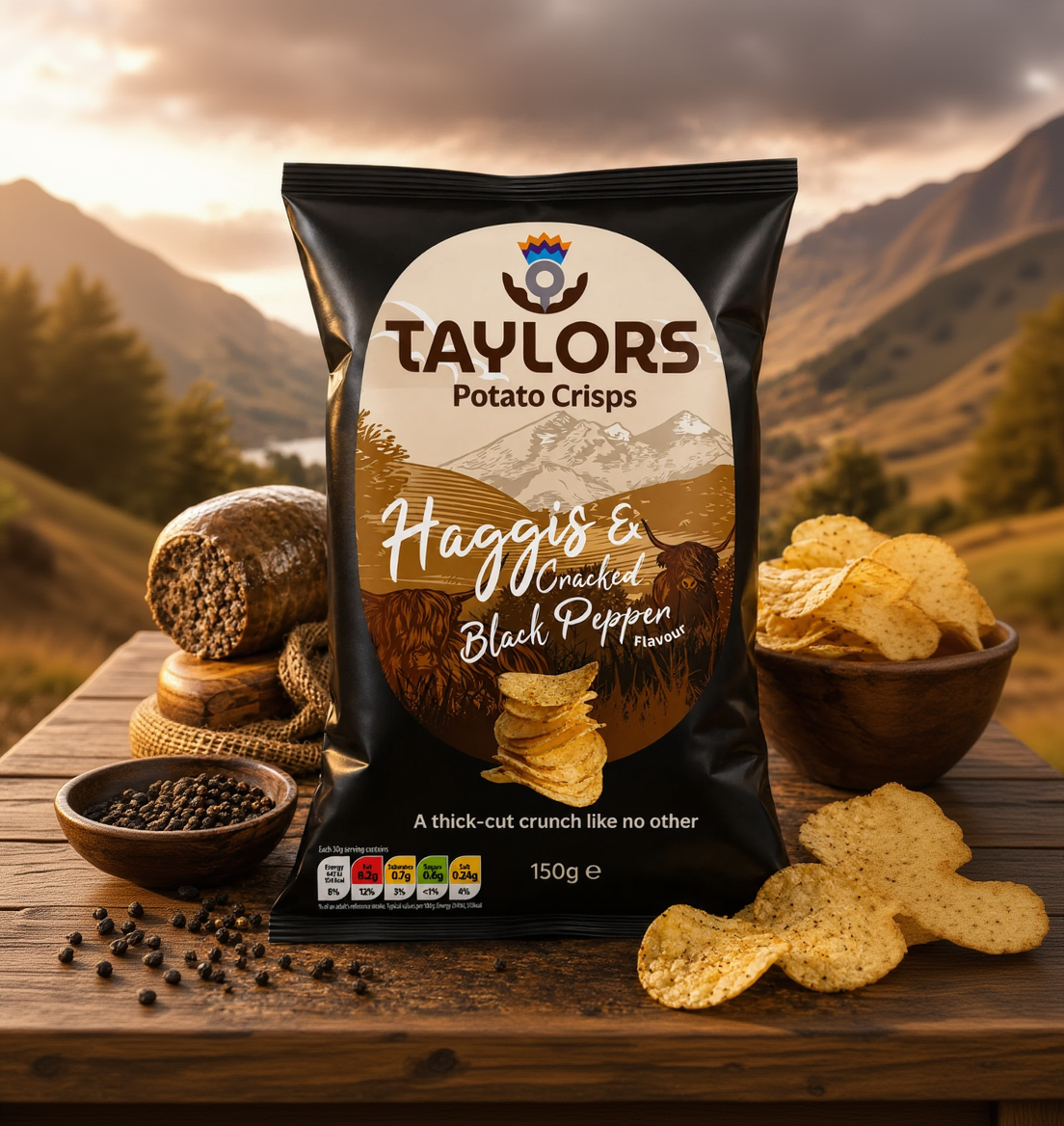 A bag of Taylors Haggis & Cracked Black Pepper potato crisps stands on a rustic wooden surface with food props and a mountain backdrop. The packaging is predominantly black with a large cream and brown label, and the brand name TAYLORS is clearly visible.