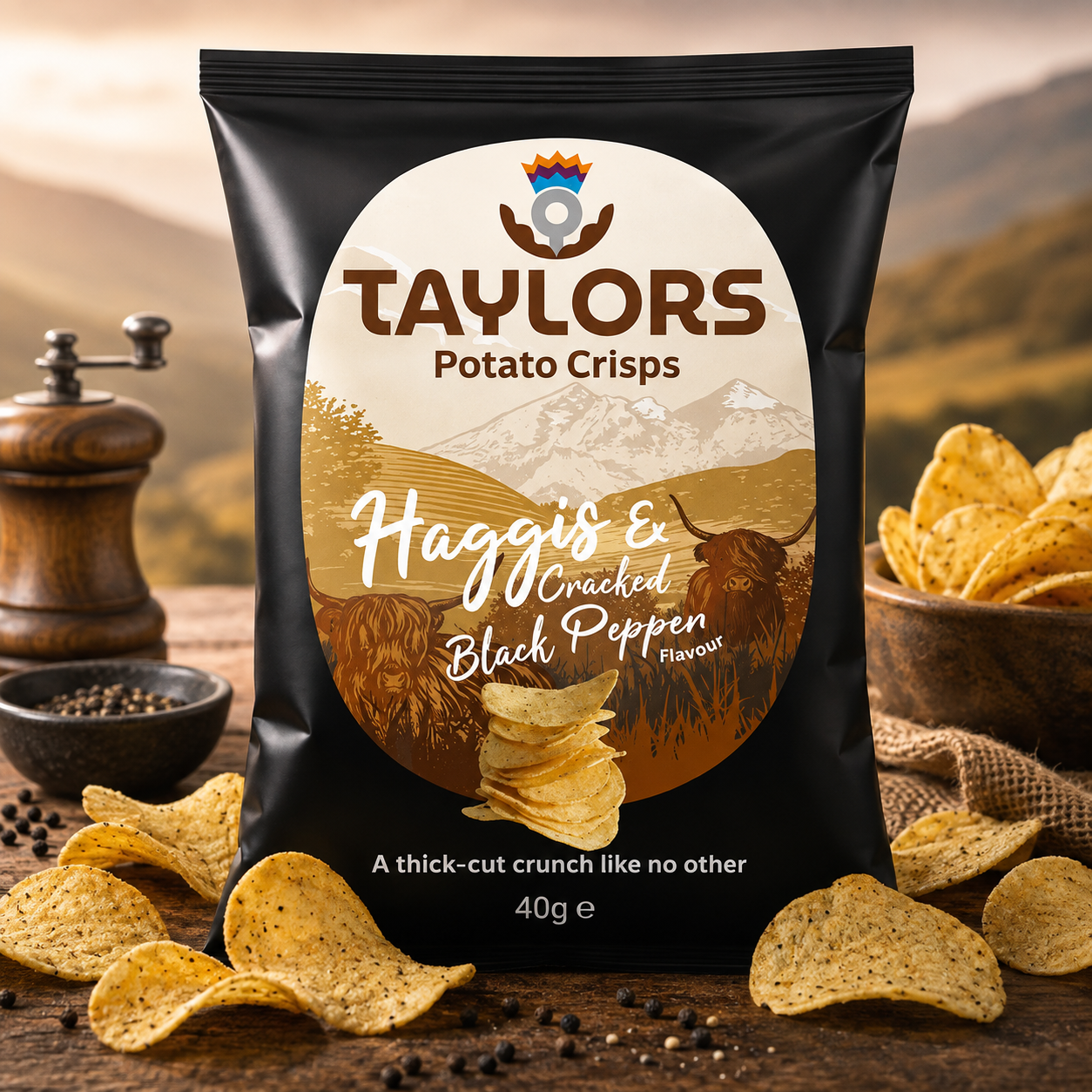 Taylors Haggis & Cracked Black Pepper Flavour Crisps 40g single bag on rustic wooden table with cracked black pepper and crisps