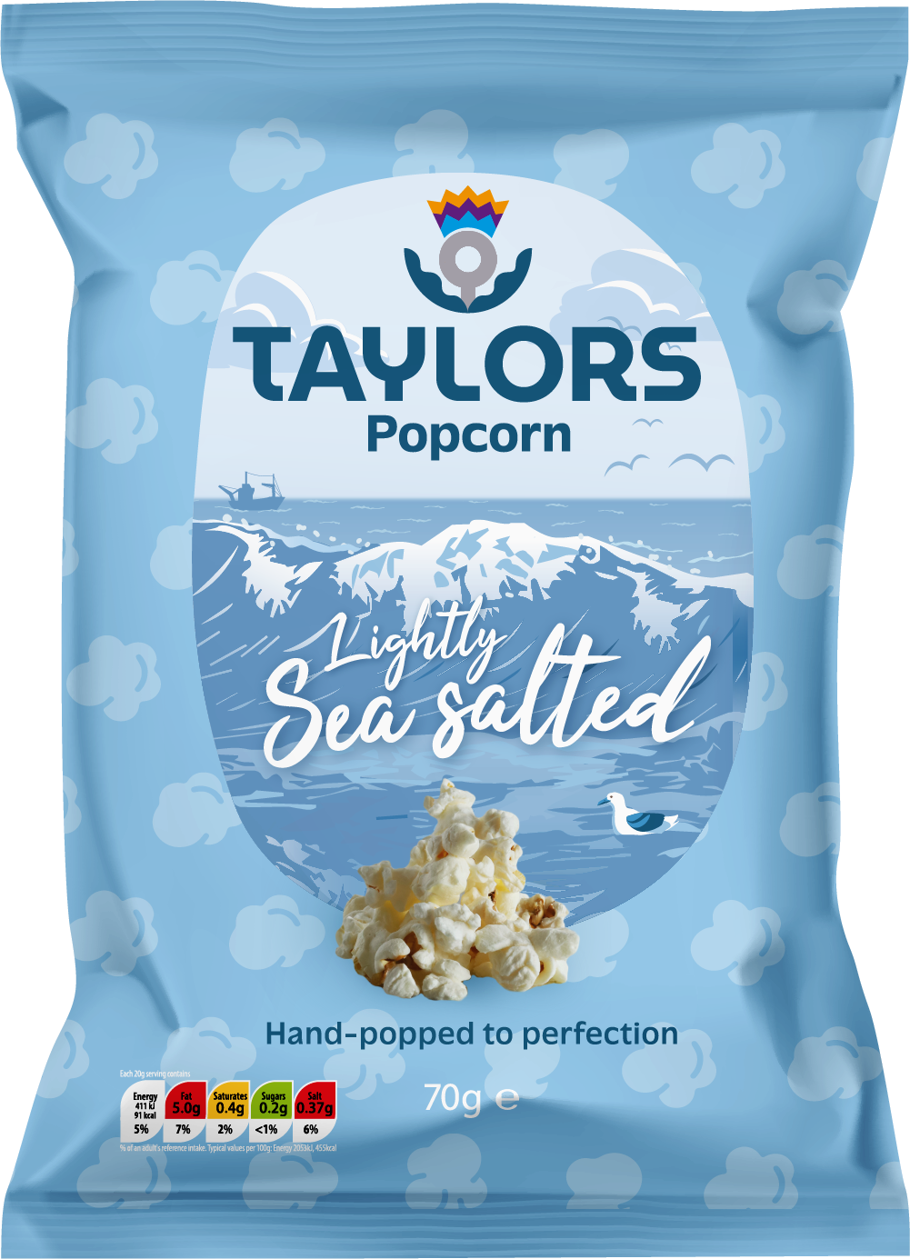 A 70g bag of Taylors Popcorn in the Lightly Sea Salted flavor. The packaging is light blue with a pattern of white clouds and a central graphic showing a snowy mountain range under a blue sky, with a pile of popcorn kernels at the bottom.