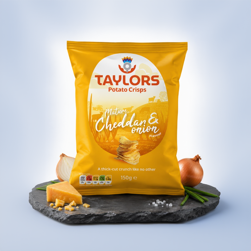A 150g bag of Taylors Mature Cheddar & Onion potato crisps, presented on a dark slate board with a wedge of cheddar cheese, a whole onion, and green onions against a clean white background.