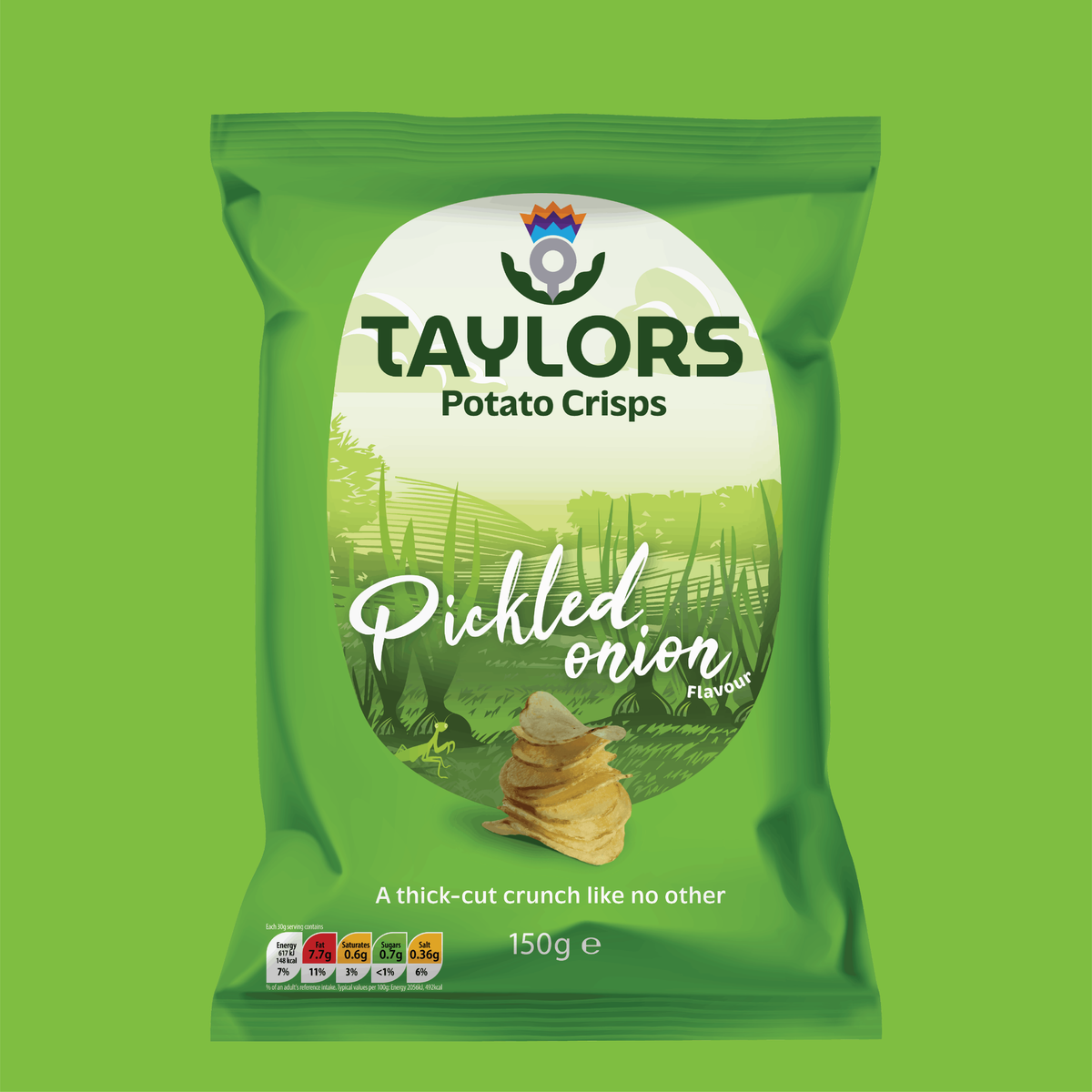 A bag of Taysors Outlaw Onion Potato Crisps on a solid green background.