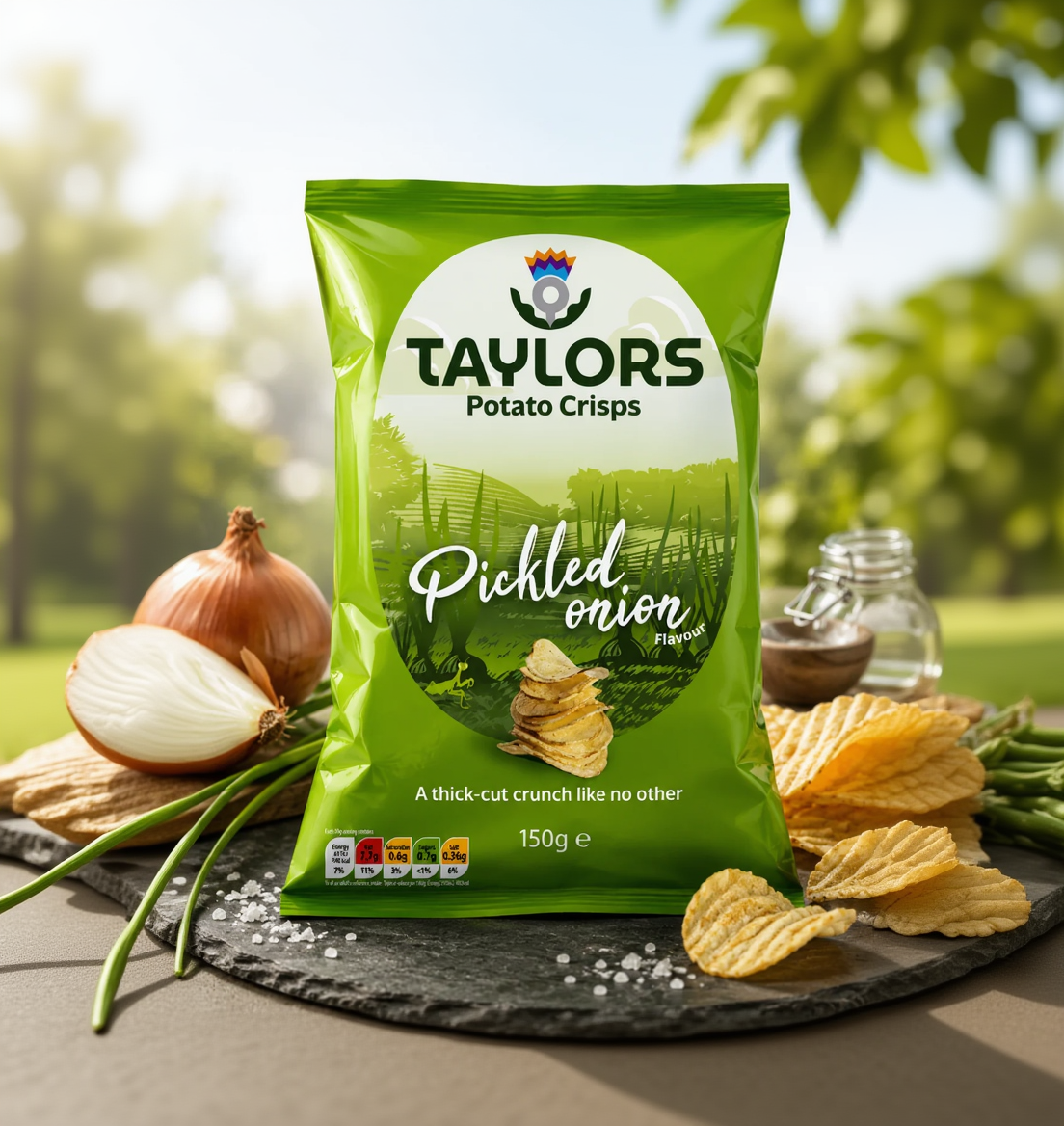 A bag of Taylors Pickled Onion Potato Crisps in a bright green packaging, styled on a dark slate with whole onions, sea salt, and loose potato crisps on a blurred outdoor garden background.