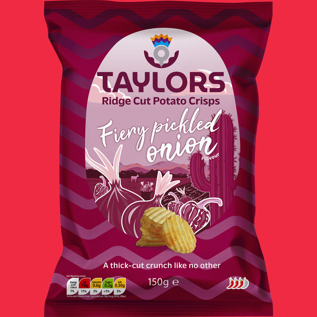 Taylors Fiery Pickled Onion Ridge Cut Potato Crisps 150g