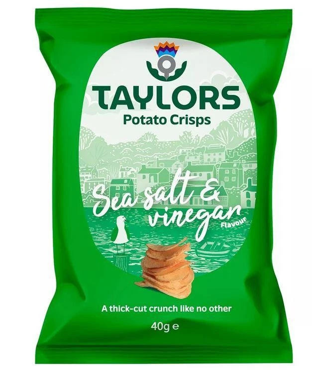 A 40g bag of Taylors Sea Salt & Vinegar Potato Crisps, featuring a bright green bag with a white oval label showing the brand logo and a graphic of potato crisps.