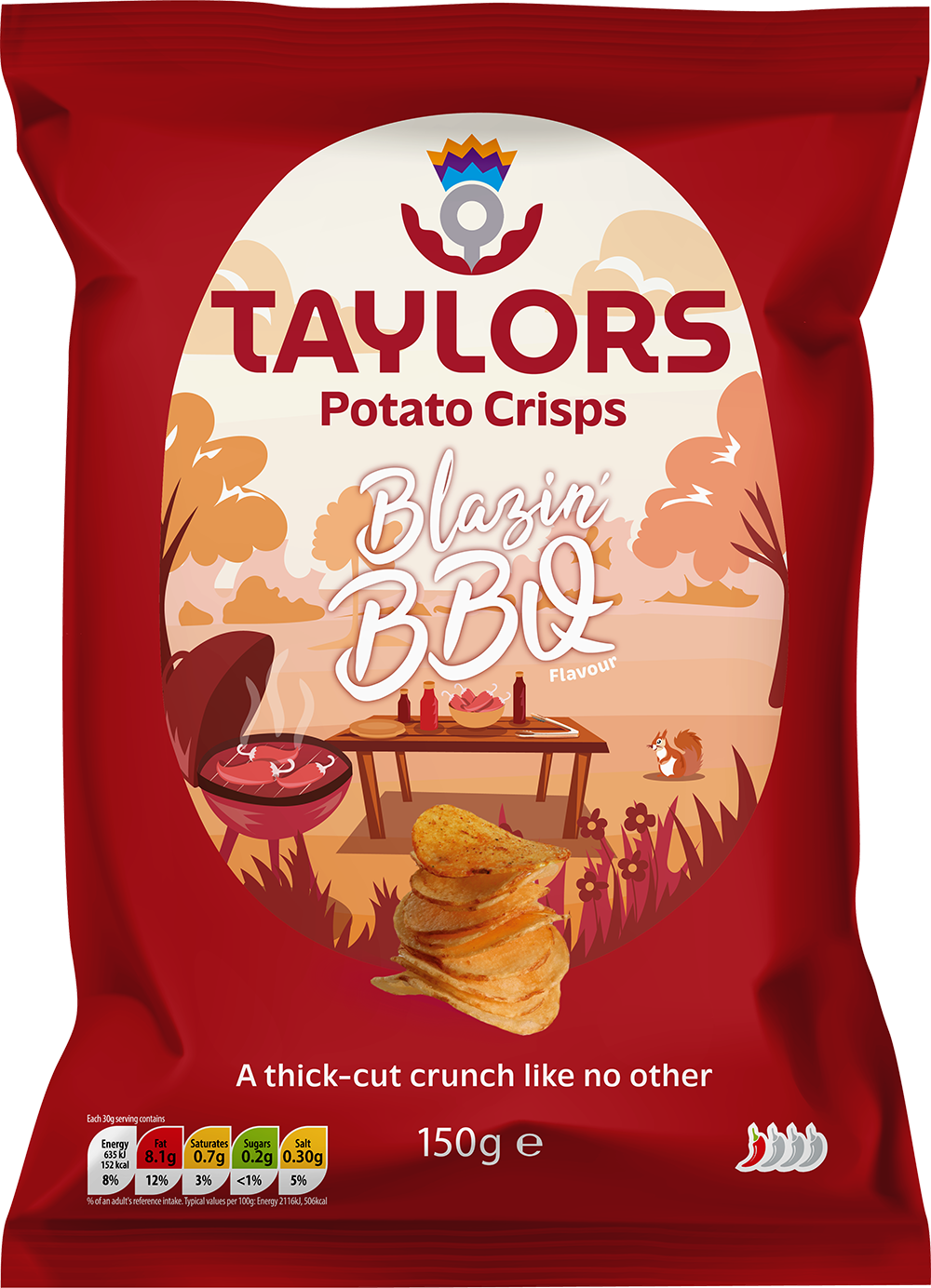A 150g bag of Taylors Potato Crisps in Blazin' BBQ flavor, featuring a deep red packaging design with a central white oval illustration showing a barbecue scene and the product name.