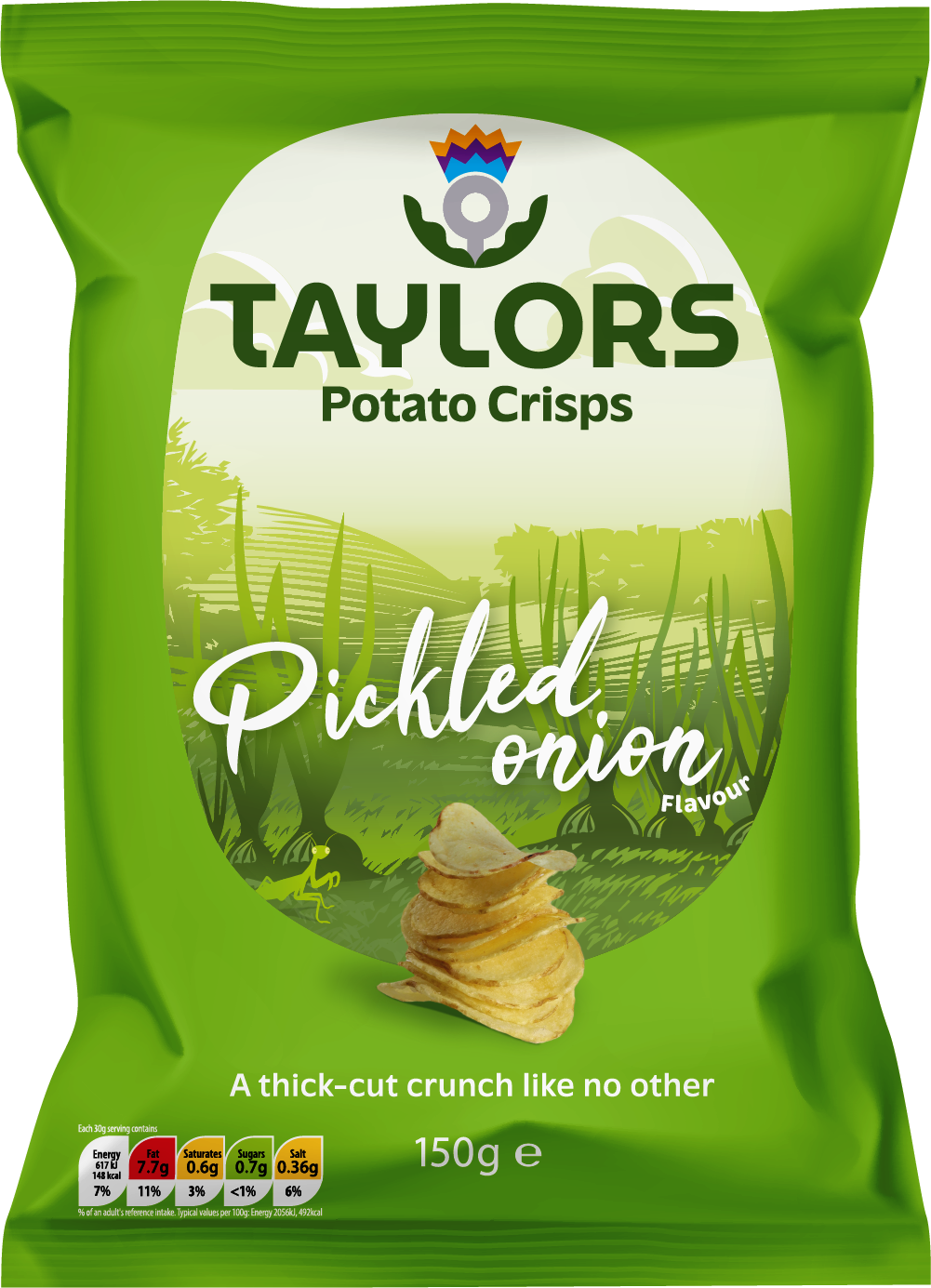 A 150g bag of Taylors Pickled Onion Potato Crisps. The packaging is bright green with a large white oval in the center showing a stylized potato chip stack and a green field graphic, with the Taylors brand logo at the top.