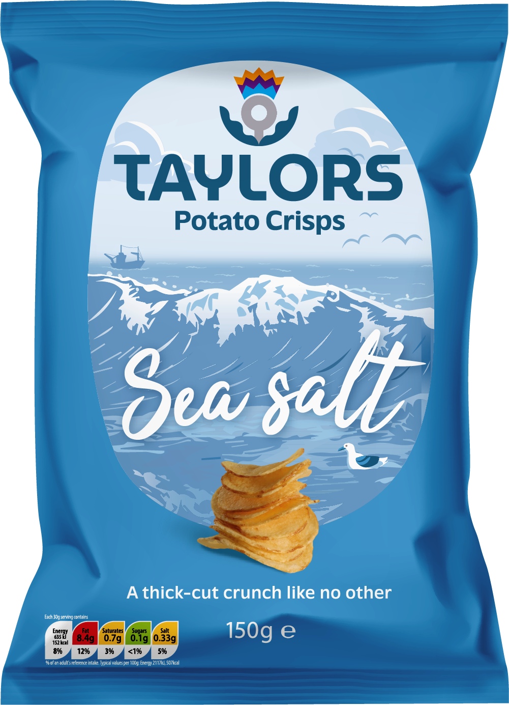 Taylors Potato Crisps packaging with sea salt flavor on a blue background