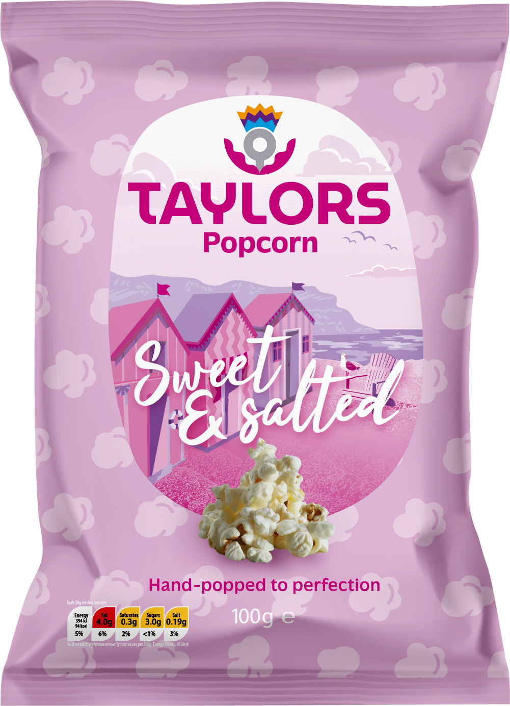 A 100g bag of Taylors Popcorn 'Sweet & Salted' in a light pink packaging with a central graphic showing pink beach huts and a pile of popcorn.