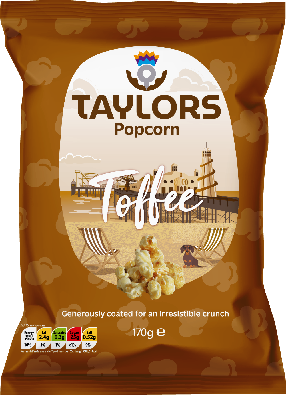 A 170g bag of Taylors Popcorn 'Toffee' flavor, featuring a brown packaging design with a central beach-themed graphic and illustrations of popcorn kernels.
