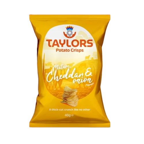 A 40g bag of Taylors Natural Cheddar & Onion potato crisps, featuring a bright yellow packaging design with a white oval logo area and an illustration of stacked crisps.