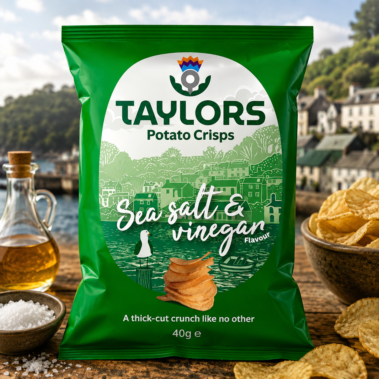 A green bag of Taylors Sea salt & vinegar potato crisps stands on a wooden surface with bowls of chips and a small bottle of oil around it. The background shows a blurred outdoor coastal scene with buildings and water.