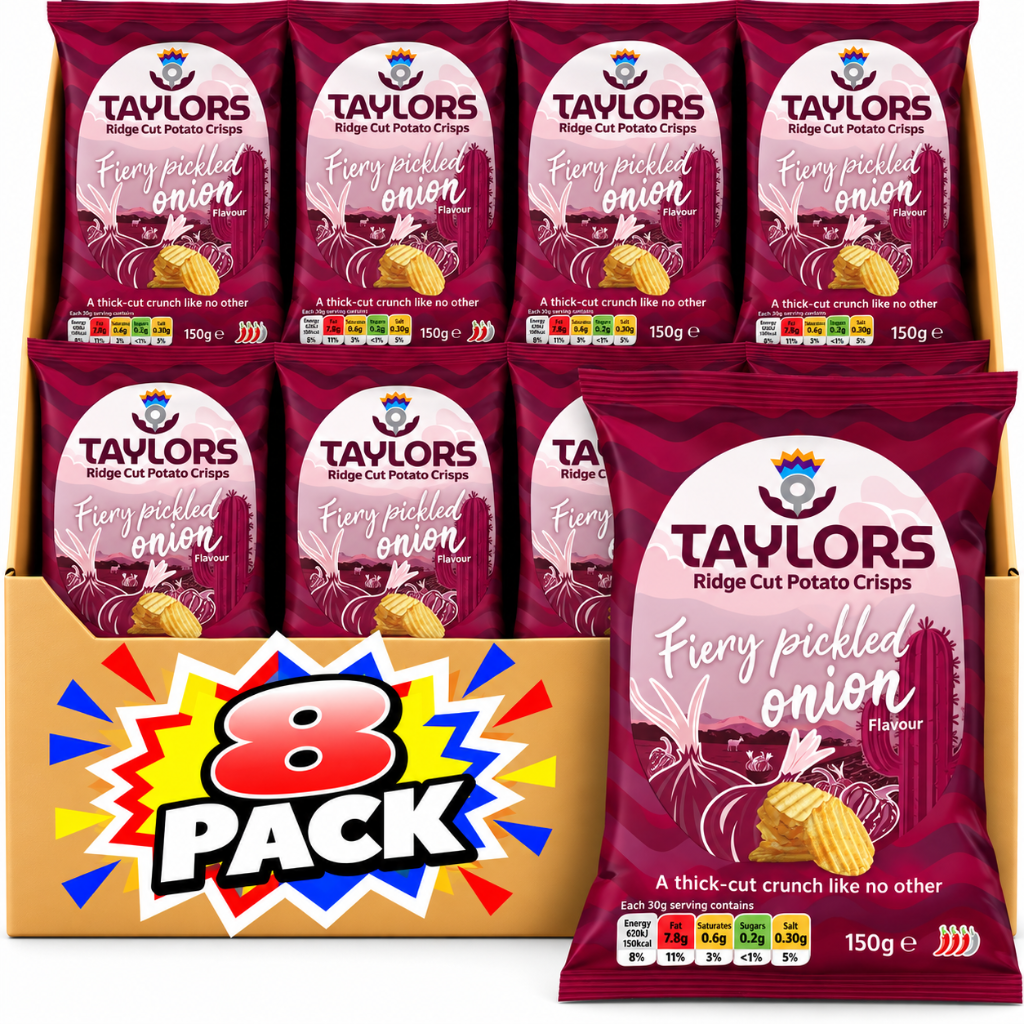 Taylors Fiery Pickled Onion Ridge Cut Potato Crisps 150g – 8 Pack