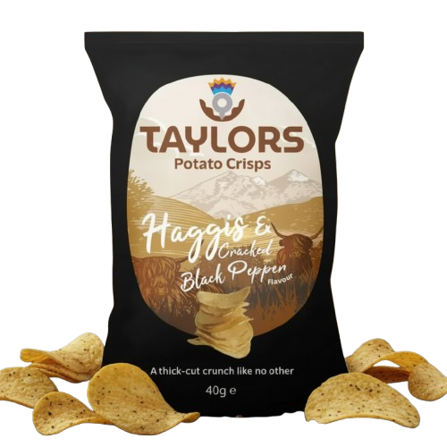 A 40g bag of Taylors Haggis & Cracked Black Pepper potato crisps on a white background, with several golden-brown crisps scattered at the base.