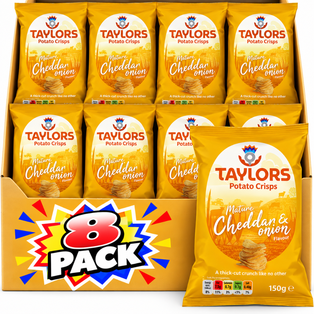 Taylors Mature Cheddar & Onion Straight Cut Potato Crisps 150g – 8 Pack