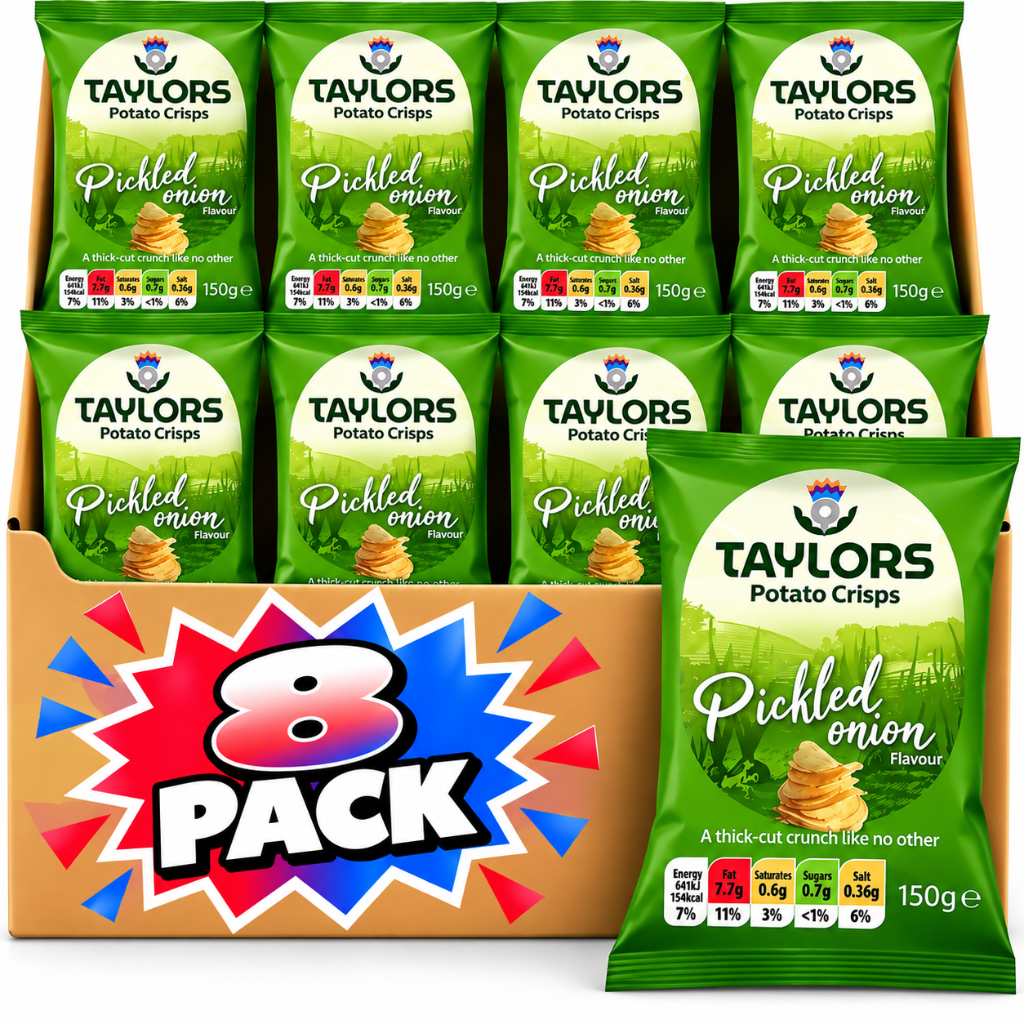 An 8-pack box of TAVLORS Pickled Onion Potato Crisps, showing eight individual green bags arranged inside a brown cardboard box with a large red and blue '8 PACK' graphic on the front, plus one larger front-facing bag.