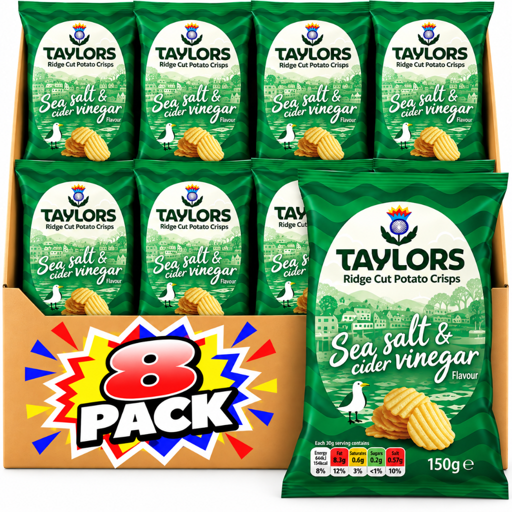 Taylors Sea Salt & Cider Vinegar Ridge Cut Potato Crisps 150g – 8 Pack
