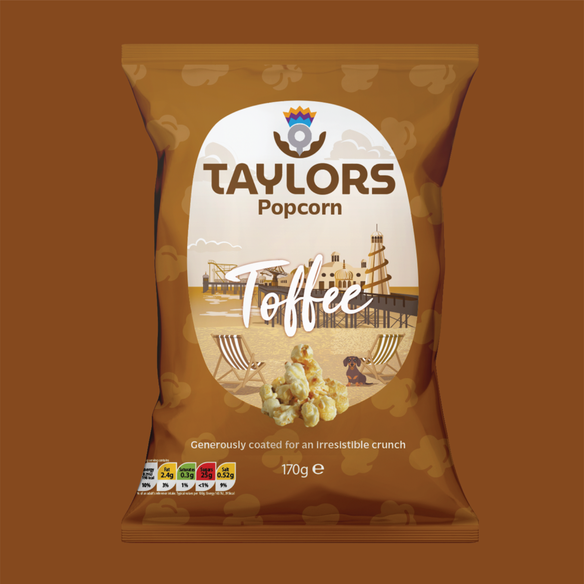 A 170g bag of Taylors Popcorn Toffee flavored popcorn, shown against a solid brown background. The packaging is primarily brown with a large white oval in the center featuring a beach scene illustration and the words 'Taylors Popcorn' and 'Toffee'.