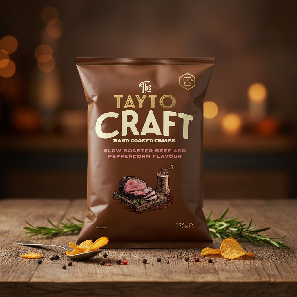 Tayto Craft Slow Roasted Beef & Peppercorn Hand Cooked Crisps 125g sharing bag from Tayto Castle, Northern Ireland.